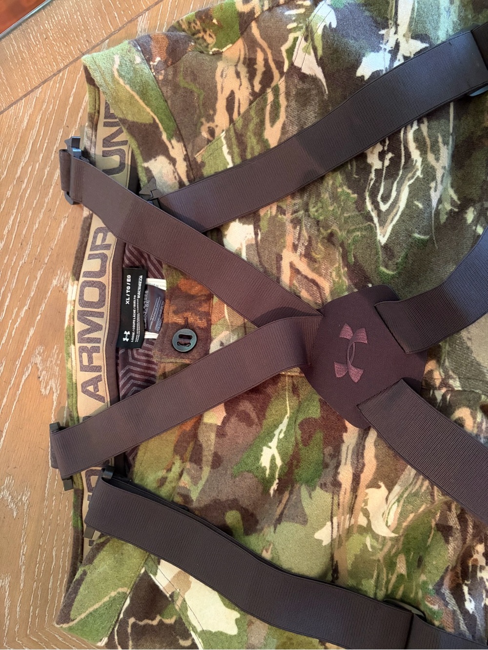 Under Armour Brown and Green Camo Hunting Bibs with Brown Suspenders